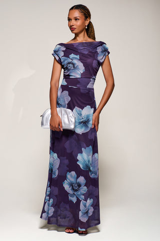 Asymmetric Neck Mesh Maxi Dress, Purple Floral