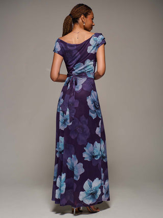 Asymmetric Neck Mesh Maxi Dress, Purple Floral