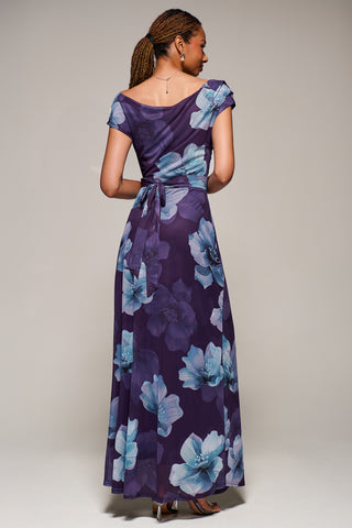 Asymmetric Neck Mesh Maxi Dress, Purple Floral