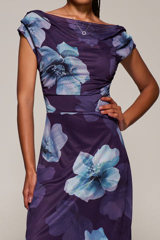 Asymmetric Neck Mesh Maxi Dress, Purple Floral