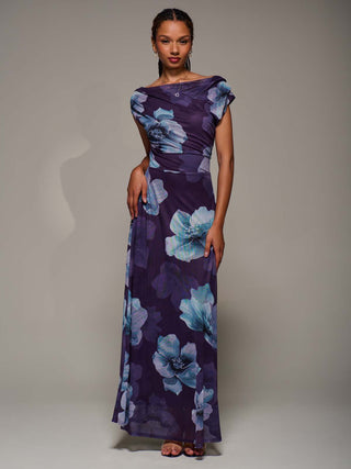 Asymmetric Neck Mesh Maxi Dress, Purple Floral
