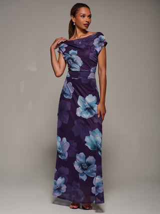 Asymmetric Neck Mesh Maxi Dress, Purple Floral