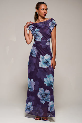 Asymmetric Neck Mesh Maxi Dress, Purple Floral