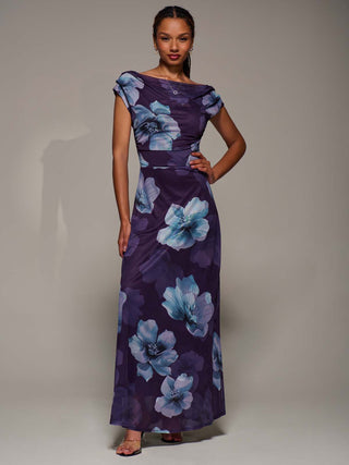 Asymmetric Neck Mesh Maxi Dress, Purple Floral