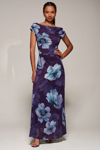 Asymmetric Neck Mesh Maxi Dress, Purple Floral