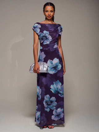Asymmetric Neck Mesh Maxi Dress, Purple Floral