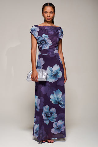 Asymmetric Neck Mesh Maxi Dress, Purple Floral