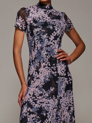 Turtle Neckline Mesh Maxi Dress, Black Abstract