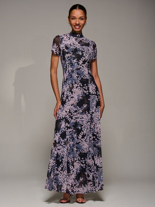 Turtle Neckline Mesh Maxi Dress, Black Abstract