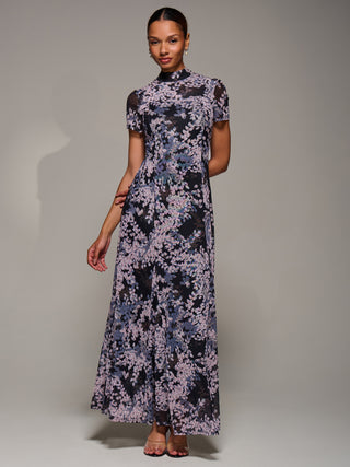 Turtle Neckline Mesh Maxi Dress, Black Abstract