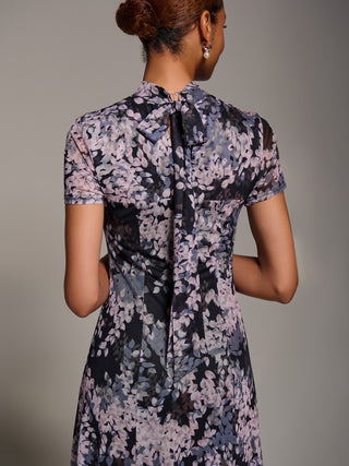 Turtle Neckline Mesh Maxi Dress, Black Abstract