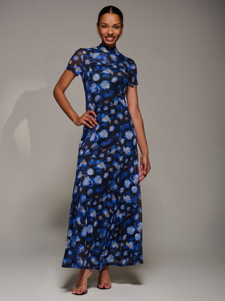 Turtle Neckline Mesh Maxi Dress, Blue Abstract