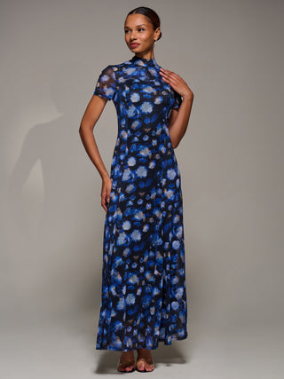 Turtle Neckline Mesh Maxi Dress, Blue Abstract