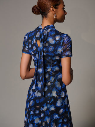 Turtle Neckline Mesh Maxi Dress, Blue Abstract