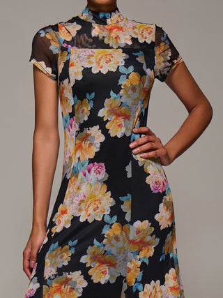 Turtle Neckline Mesh Maxi Dress, Yellow Floral