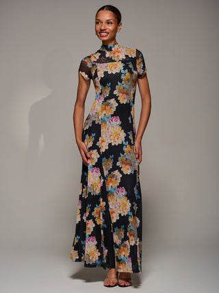 Turtle Neckline Mesh Maxi Dress, Yellow Floral