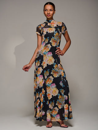 Turtle Neckline Mesh Maxi Dress, Yellow Floral