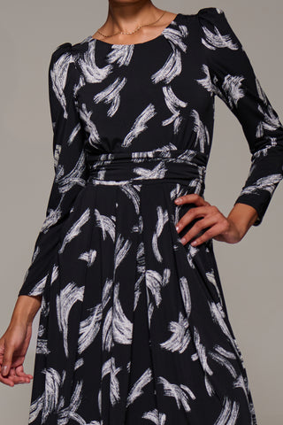 Puff Long Sleeve Jersey Maxi Dress, Black Brushstroke