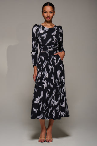 Puff Long Sleeve Jersey Maxi Dress, Black Brushstroke