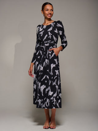 Puff Long Sleeve Jersey Maxi Dress, Black Brushstroke