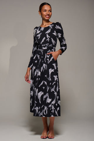 Puff Long Sleeve Jersey Maxi Dress, Black Brushstroke
