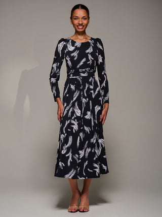 Puff Long Sleeve Jersey Maxi Dress, Black Brushstroke