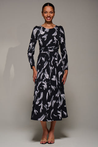 Puff Long Sleeve Jersey Maxi Dress, Black Brushstroke