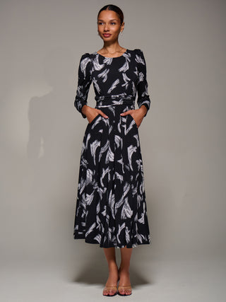 Puff Long Sleeve Jersey Maxi Dress, Black Brushstroke