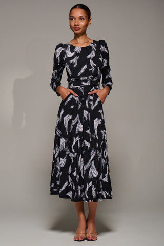 Puff Long Sleeve Jersey Maxi Dress, Black Brushstroke