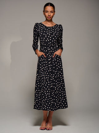 Puff Long Sleeve Jersey Maxi Dress, Black Spot
