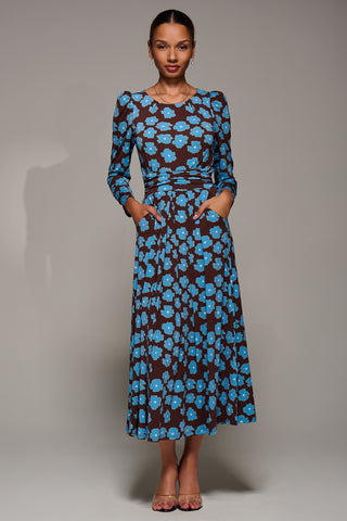 Puff Long Sleeve Jersey Maxi Dress, Blue Floral