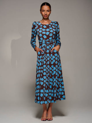 Puff Long Sleeve Jersey Maxi Dress, Blue Floral