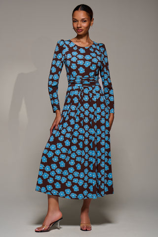 Puff Long Sleeve Jersey Maxi Dress, Blue Floral