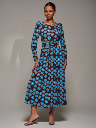 Puff Long Sleeve Jersey Maxi Dress, Blue Floral