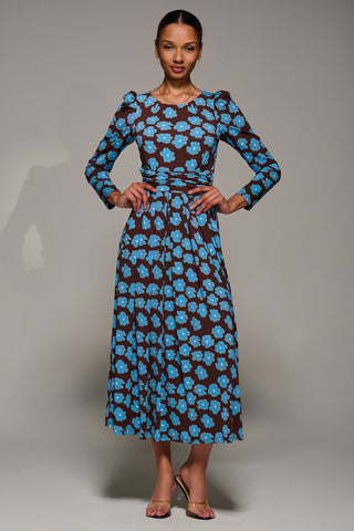 Puff Long Sleeve Jersey Maxi Dress, Blue Floral