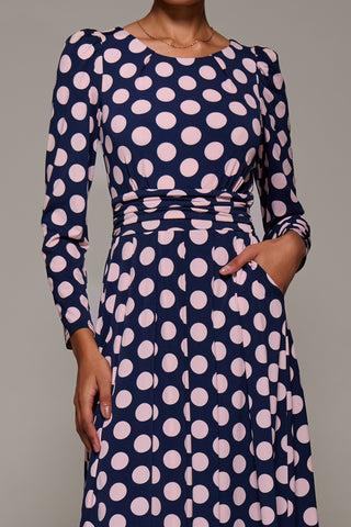 Puff Long Sleeve Jersey Maxi Dress, Navy Spot