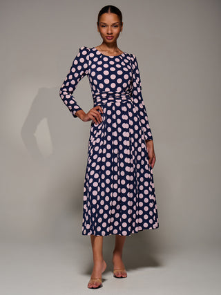 Puff Long Sleeve Jersey Maxi Dress, Navy Spot