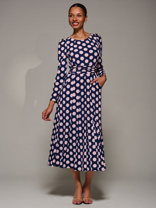 Puff Long Sleeve Jersey Maxi Dress, Navy Spot