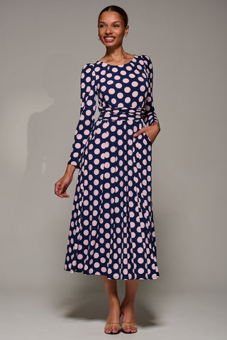 Puff Long Sleeve Jersey Maxi Dress, Navy Spot
