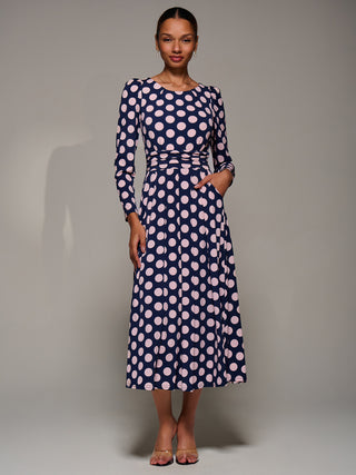 Puff Long Sleeve Jersey Maxi Dress, Navy Spot