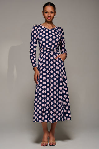 Puff Long Sleeve Jersey Maxi Dress, Navy Spot
