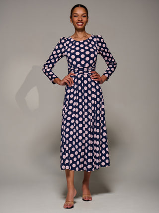 Puff Long Sleeve Jersey Maxi Dress, Navy Spot