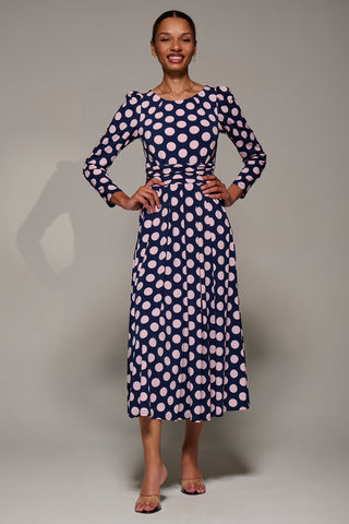Puff Long Sleeve Jersey Maxi Dress, Navy Spot