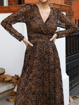 Long Sleeve Pleated Lace Maxi Dress, Brown Animal