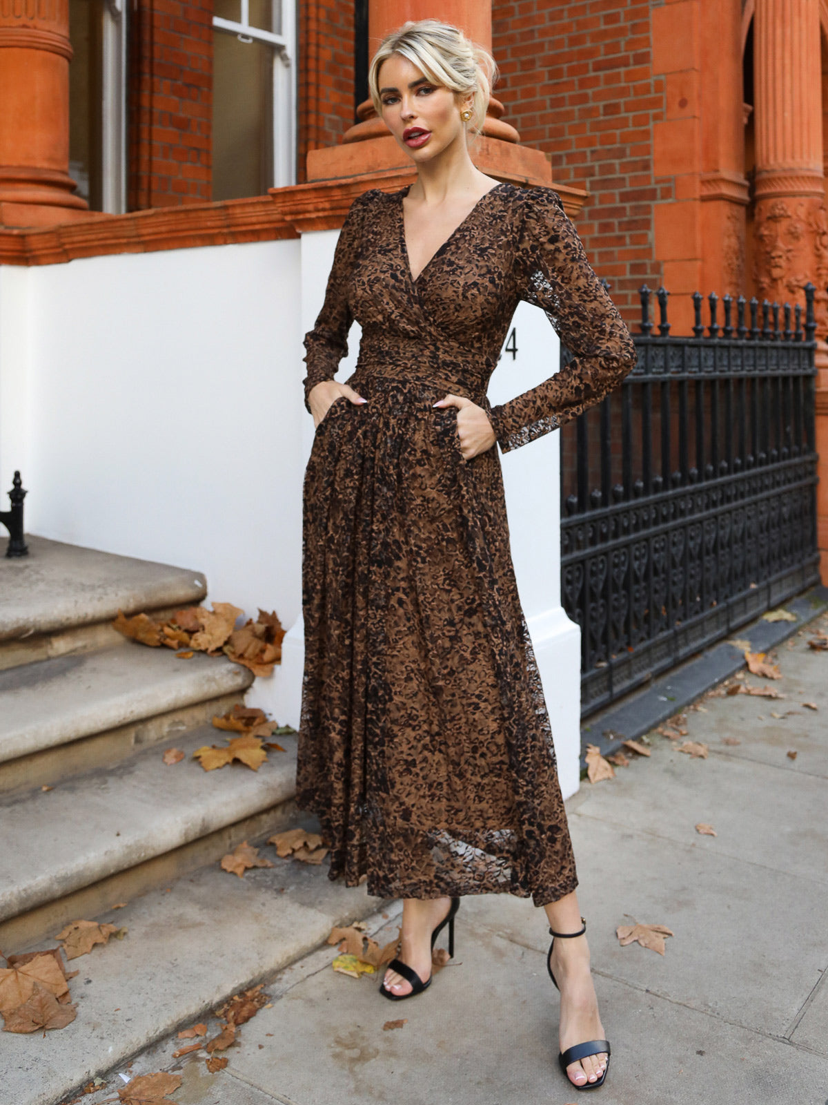 Long Sleeve Pleated Lace Maxi Dress, Brown Animal – Jolie Moi Retail