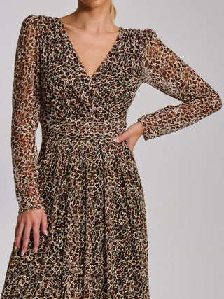 Long Sleeve Pleated Lace Maxi Dress, Neutral Animal