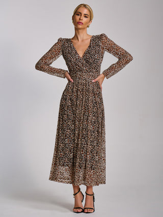Long Sleeve Pleated Lace Maxi Dress, Neutral Animal
