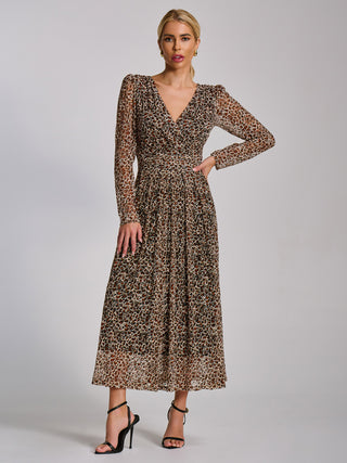 Long Sleeve Pleated Lace Maxi Dress, Neutral Animal