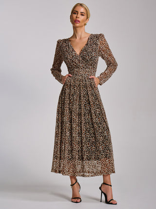 Long Sleeve Pleated Lace Maxi Dress, Neutral Animal
