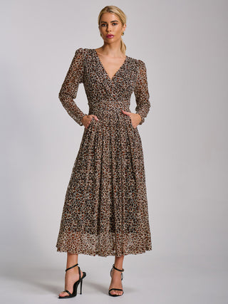 Long Sleeve Pleated Lace Maxi Dress, Neutral Animal